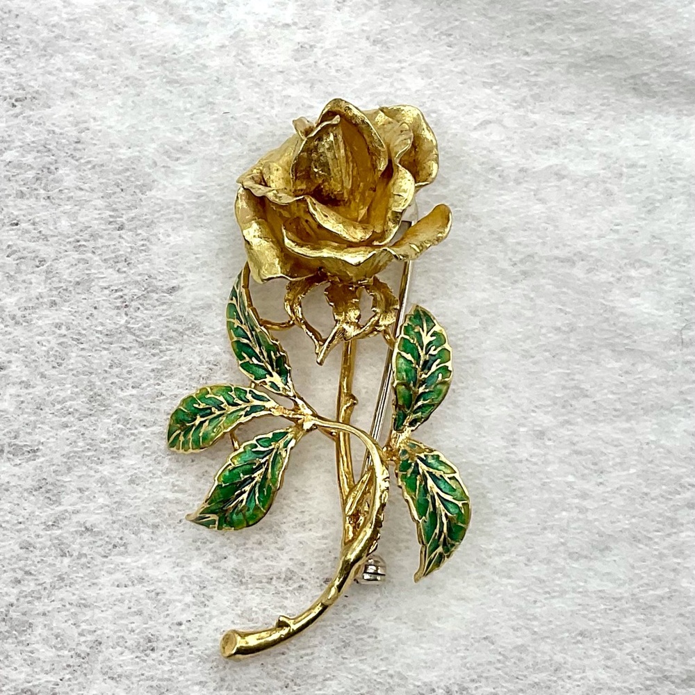 SUPER SALE Large Enamel Solid 18k Gold Flower brooch